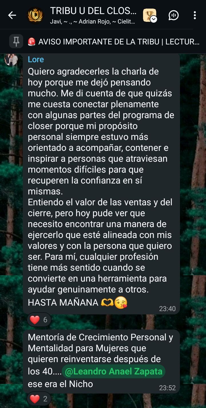 Mensaje de Lore en el grupo compartiendo su propósito