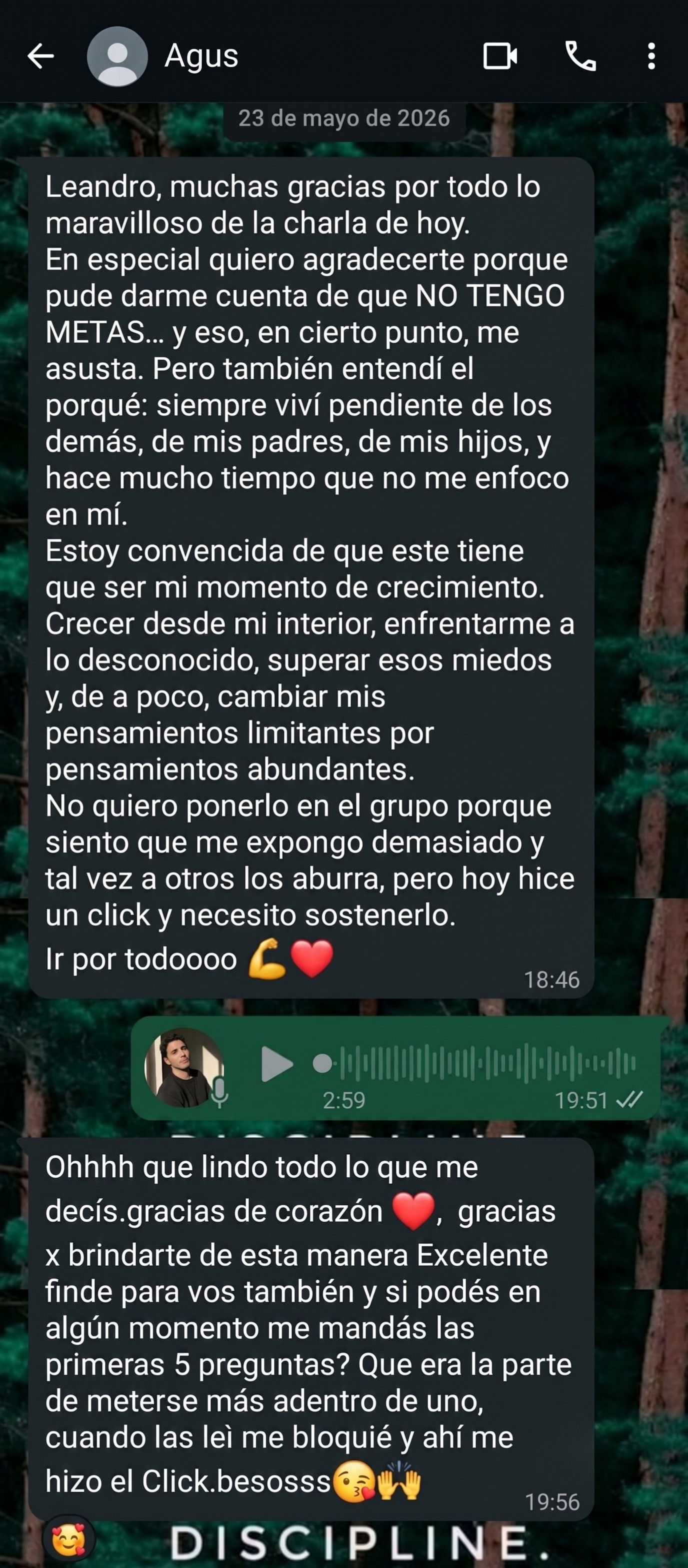 Mensaje privado de Agus a Leandro — 23 de mayo 2026
