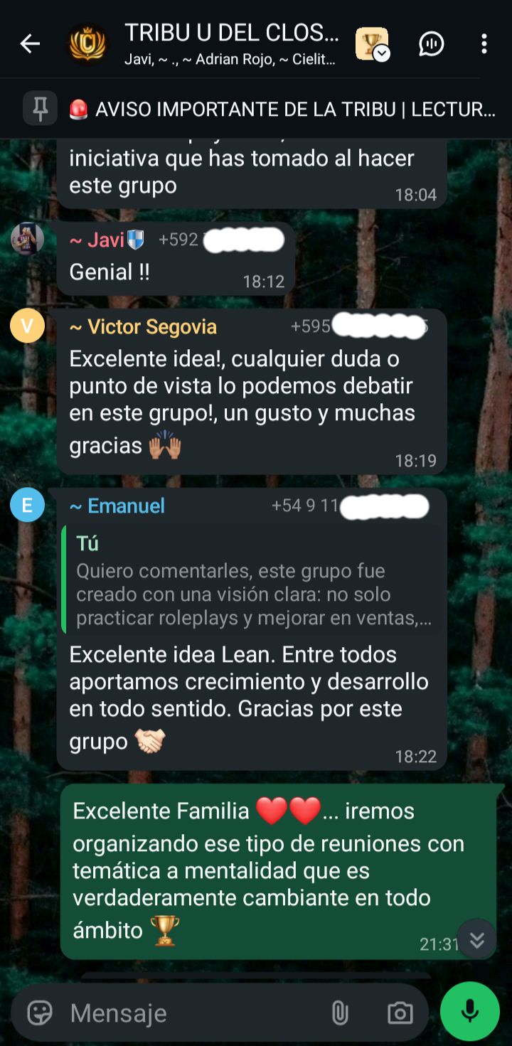 Mensaje de Yoise elogiando a Leandro en el grupo