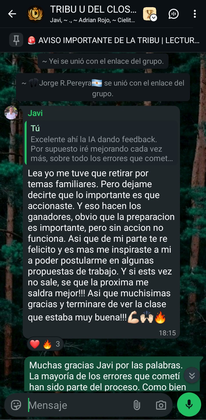 Mensaje de Javi en el grupo Tribu U. del Closer